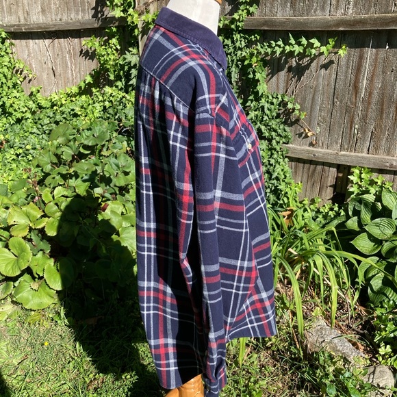 Soft Worn In Hilfiger Blue Plaid Flannel Shirt Grunge Unisex Work Shirt L - Picture 7 of 15